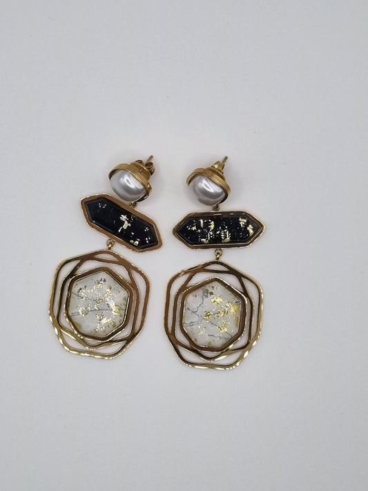 Boucles d'oreille en acier perles pendantes noir et blanc